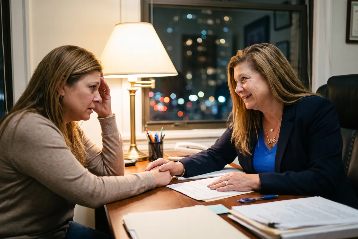 Jane Un comforting a worried mother at her Los Angeles office at night